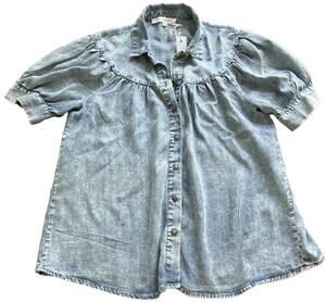Women's Chambray Blouse XS Short Sleeve Denim Blue Puff Sleeve Bohemian Prairie